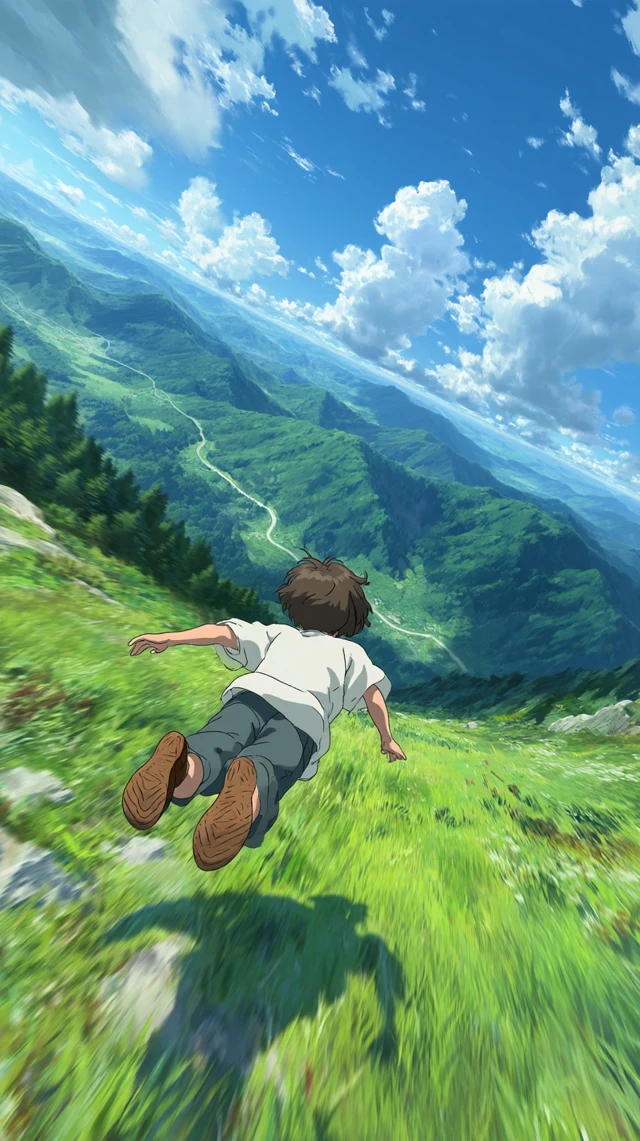 Anime Boy Gliding Over Valley - Adventure Scene
