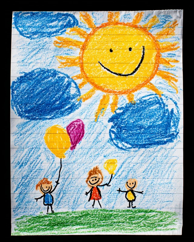 Childs Crayon Drawing Sunny Day Kids Balloons