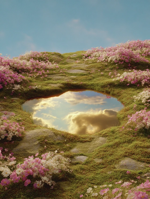Dreamy Nature Scene Golden Pond and Flowers