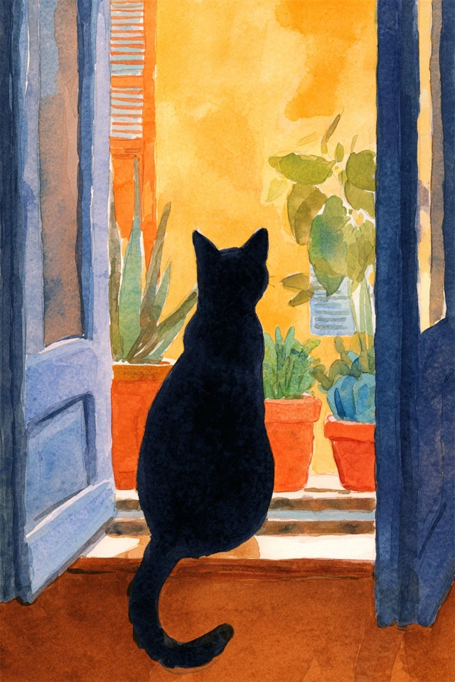 Black Cat at Window Gouache Painting
