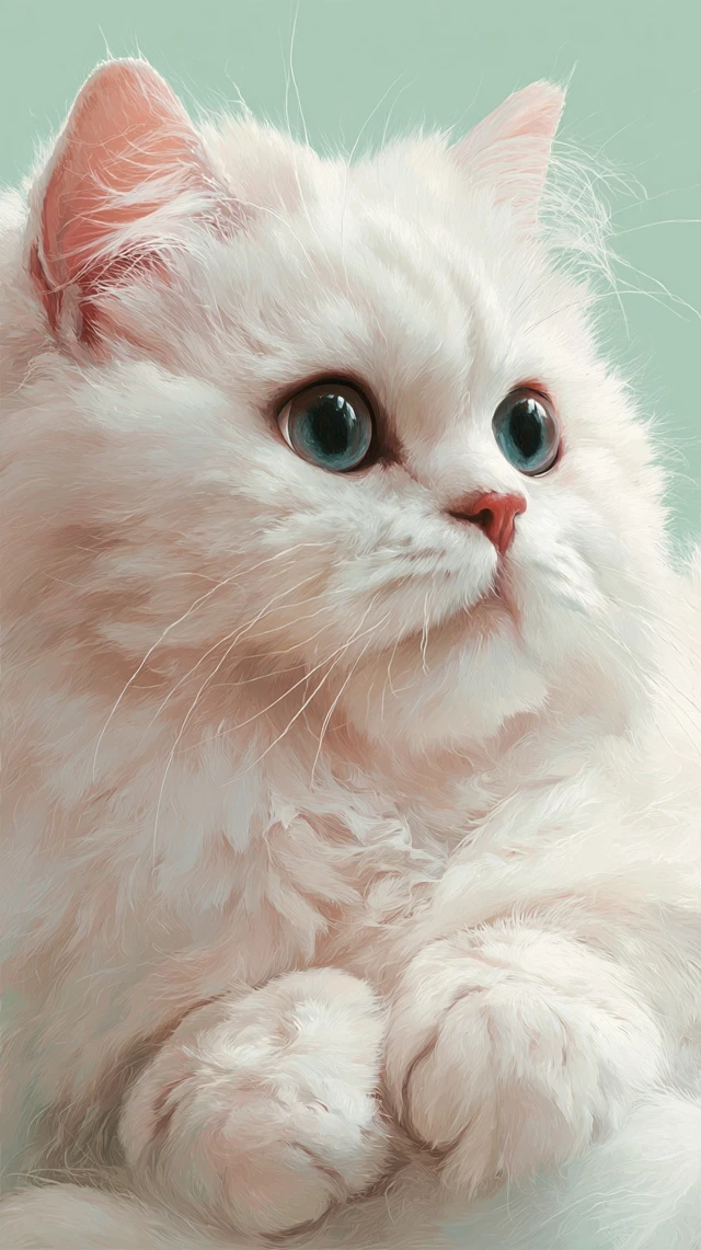 Adorable White Cat Portrait Fluffy Fur and Blue Eyes