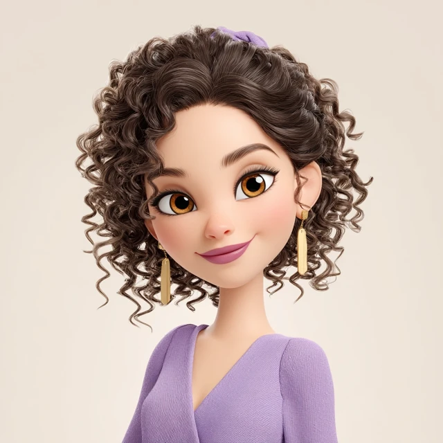 3D Cartoon Portrait: Curly-Haired Woman in Lavender