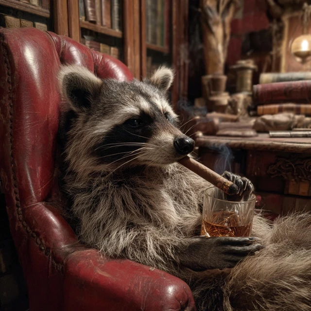 Photorealistic Raccoon Smoking Cigar and Drinking Whiskey