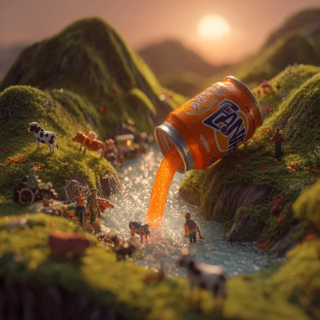 Surreal Fanta Landscape: Giant Can and Miniature World