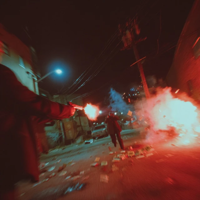 City Gunfight Action Scene with Dollars in the Air