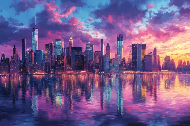 New York City Skyline Painting at Sunset
