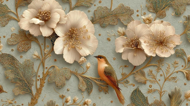 Vintage Floral Wallpaper with Birds and Gold Accents