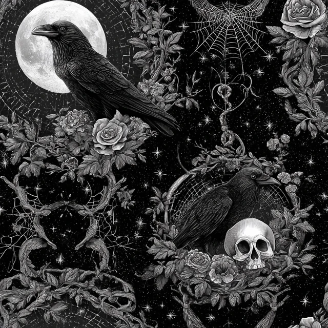 Gothic Raven Moon Roses Illustration Art