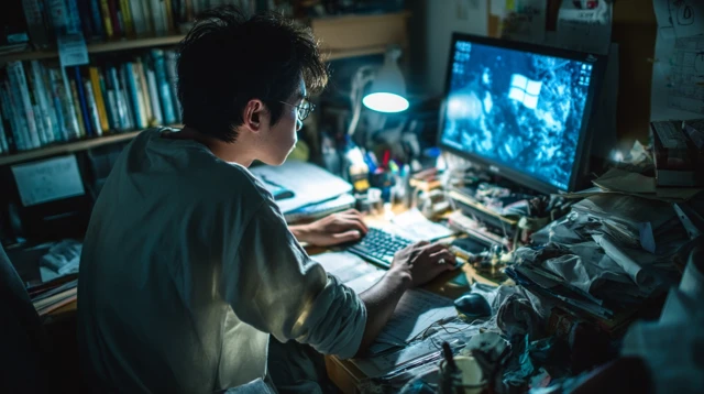 Japanese Man Working at Computer Dark Room