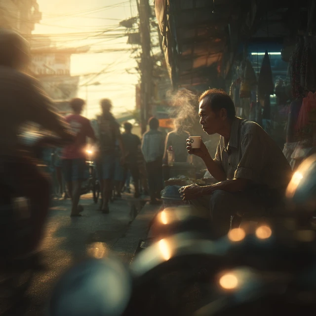 Thai Man Sipping Coffee at Market Hour