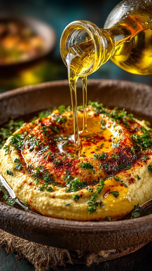 Hummus with Olive Oil Paprika and Parsley Slow Motion