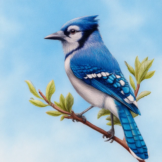 Blue Jay on Branch Spring Day Watercolor