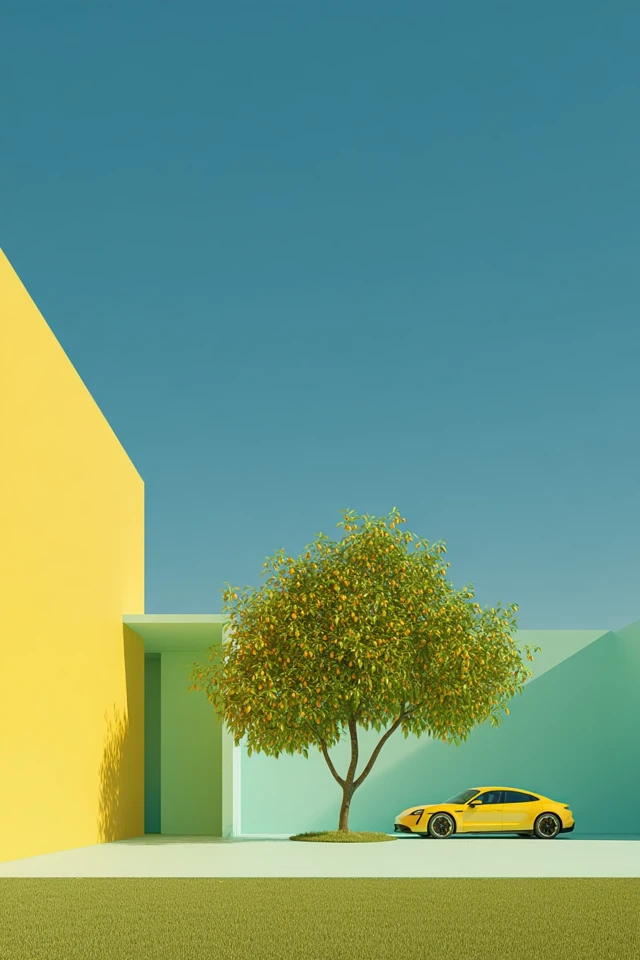 Minimalist Landscape with Yellow Car and Tree