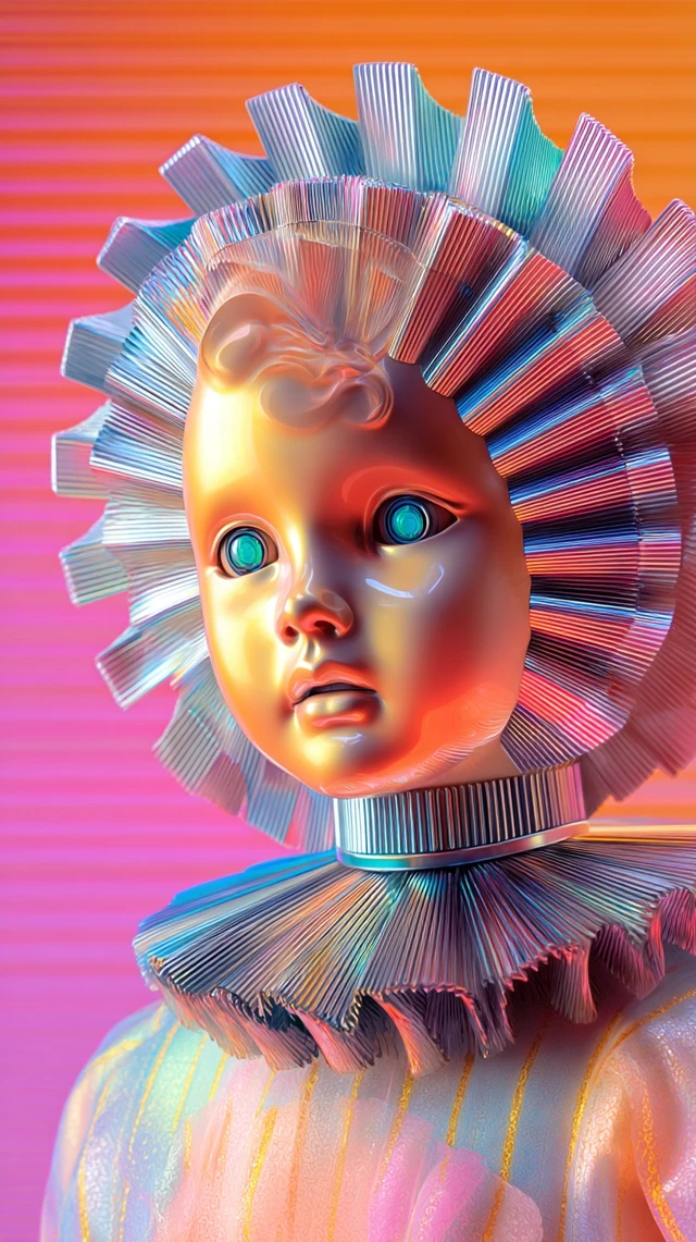 Surreal Hybrid Doll Portrait Chrome Flower Engine