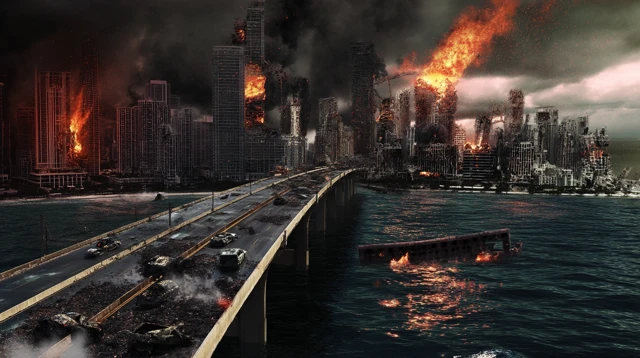 Apocalyptic City Destroyed Burning Bridge