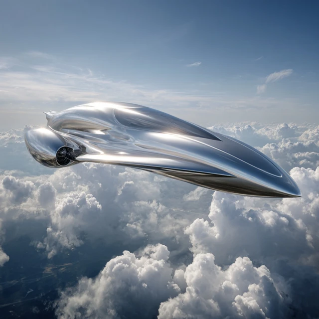 Sleek Silver SciFi Spaceship Above the Clouds
