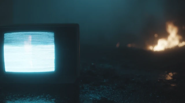 Mysterious TV Static in Burning Scene Cinematic Still