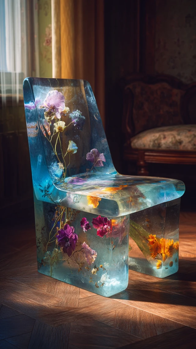 Resin Chair with Flowers: Photo-Realistic and Detailed