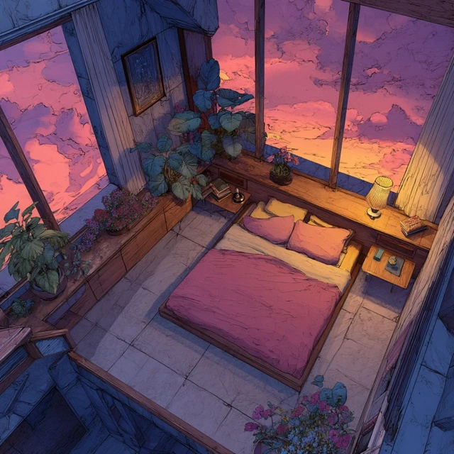 Sunset Bedroom: Lovers Retreat, Top Down View