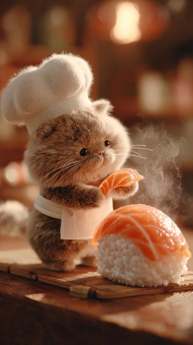 Cat Chef Making Sushi Adorable Illustration