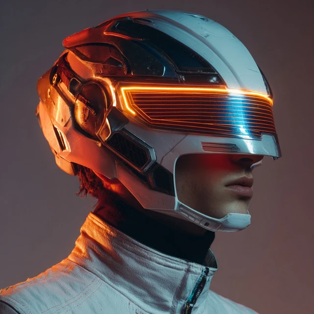 Cyberpunk Portrait Futuristic Helmet Orange and Blue Lights