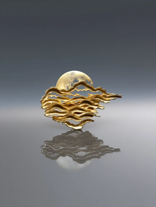 Gold Brooch Abstract Moon Rising Art Jewelry