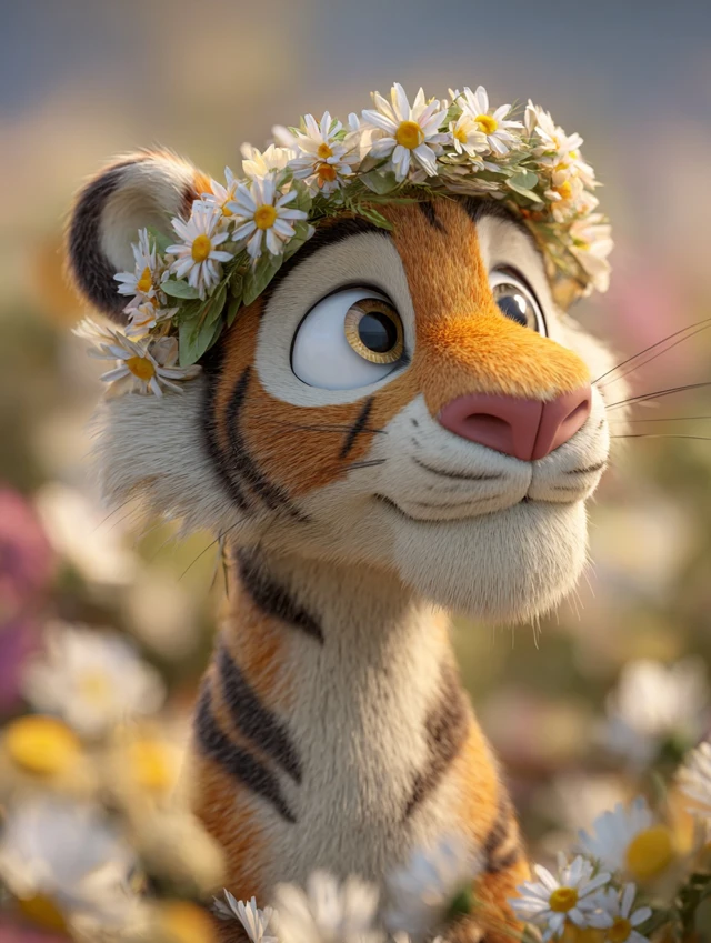 Cute 3D Cartoon Tiger with Flower Wreath