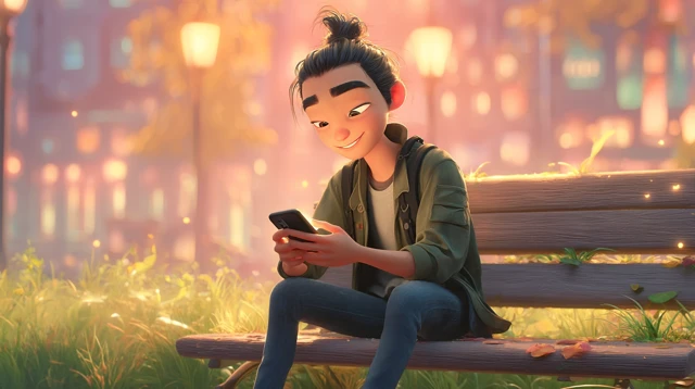 Pixar Style Chinese Man Texting in Park