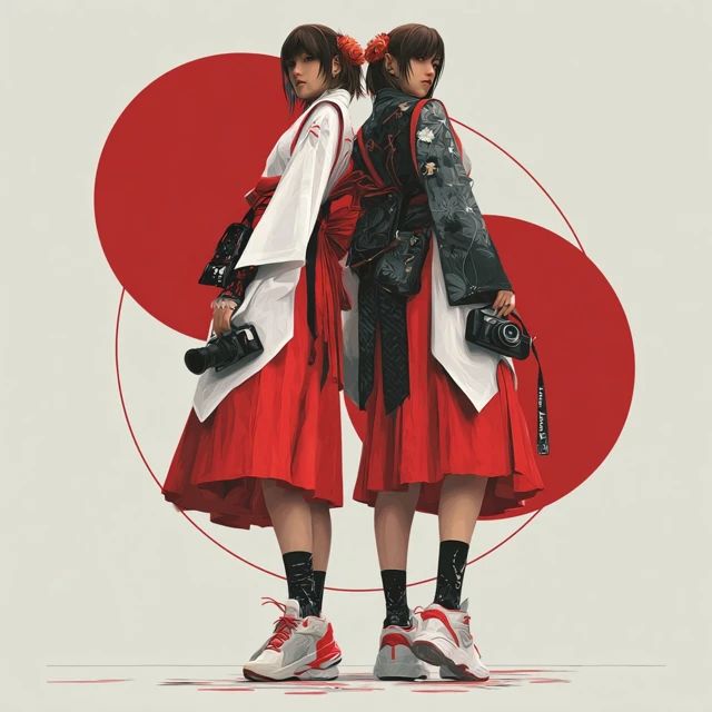 Japanese Priestesses Twin Sisters Anime Art