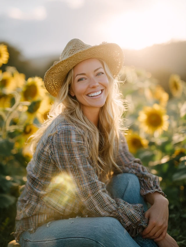 Blonde Woman Smiling in Sunflower Field Portrait