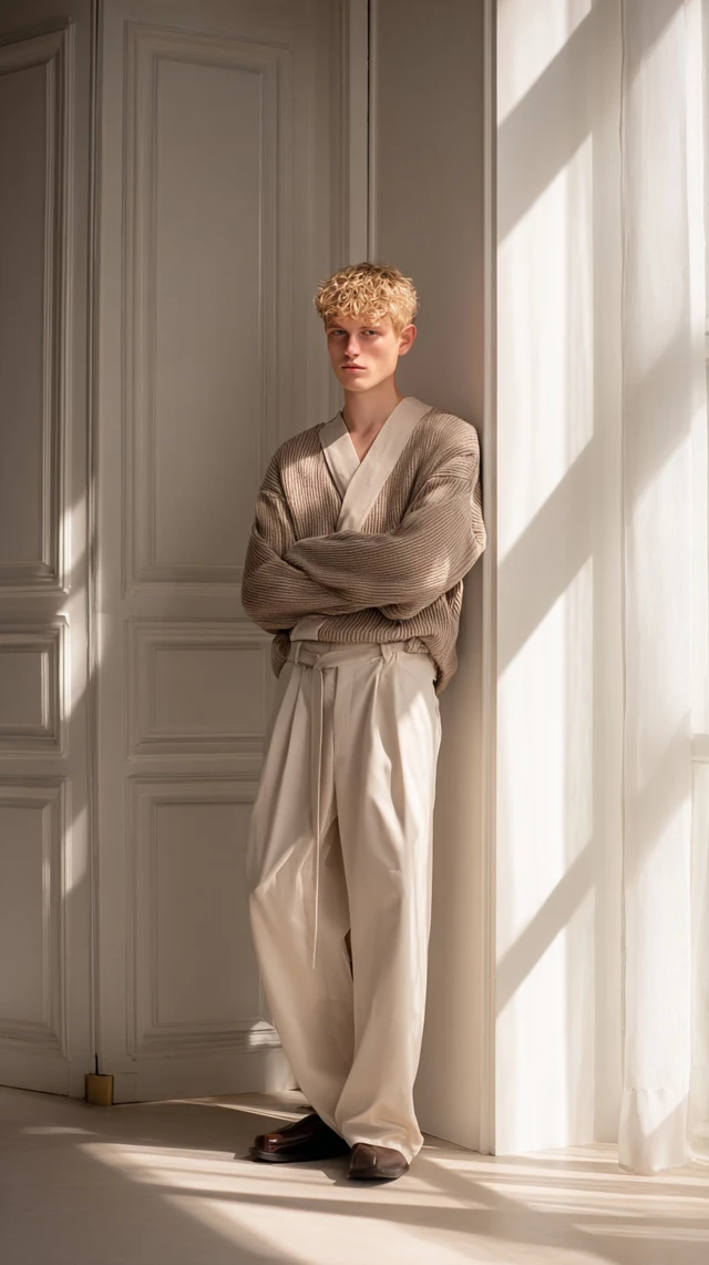 Male Model in Beige Cardigan Editorial Photography