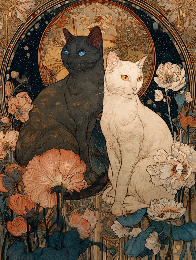 Art Nouveau Cats in Moonlight Painting by Alfons Mucha