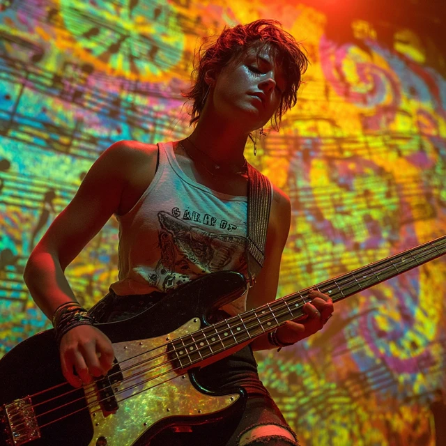 Female Bass Player Onstage with Psychedelic Lighting