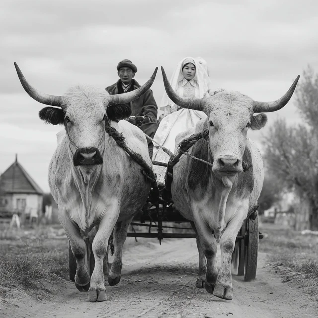 Kazakh Wedding Retro Ox Cart Bride Groom