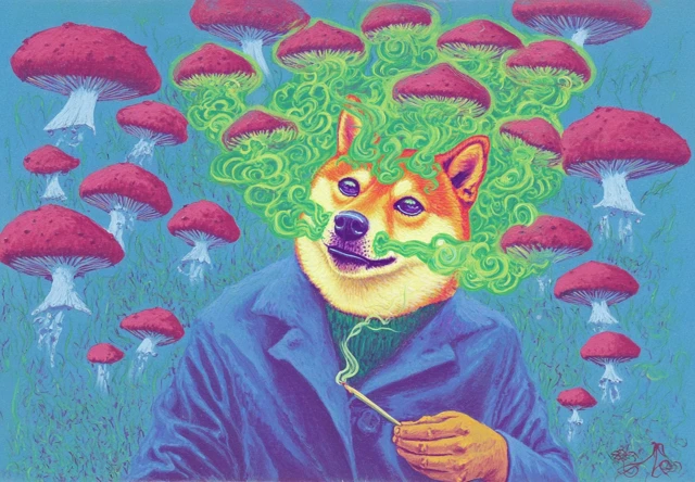 Cool Dog Blowing Mushrooms Art Illustration