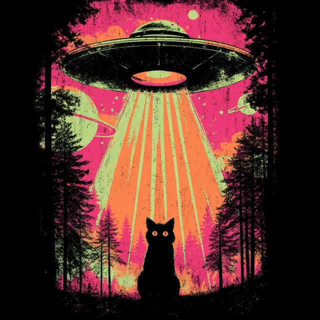 Mysterious Cat UFO Forest Vintage Graphic