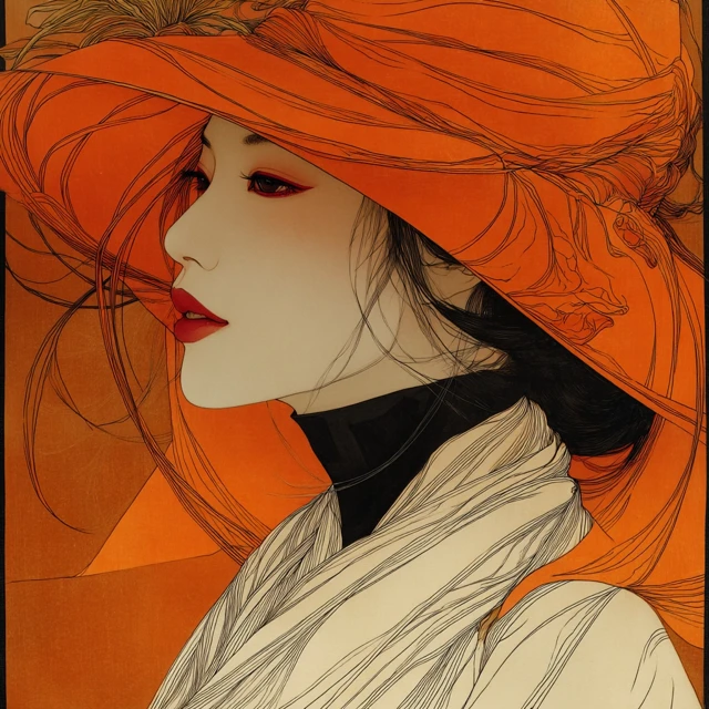 Elegant Asian Woman Portrait in Orange Hat