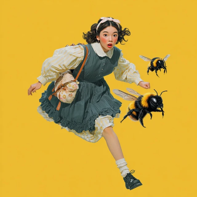 Asian Girl Freckles Chased by Bumblebee Photorealistic