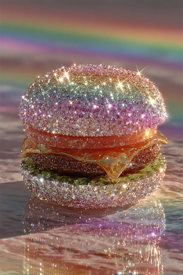 Rainbow Iced Out Bejeweled Floating Burger Art
