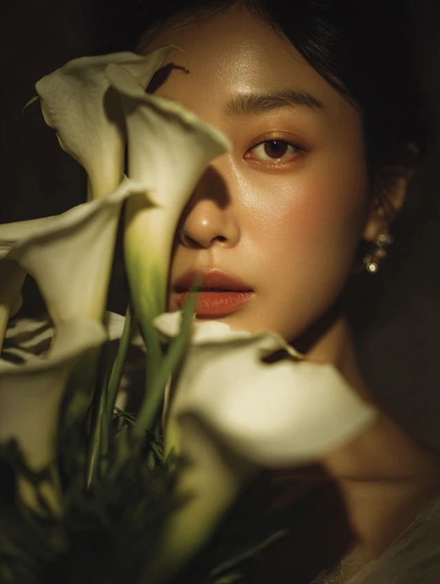 Elegant Asian Woman Portrait with Calla Lilies