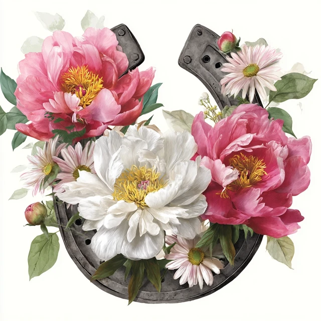 Horseshoe with Pink Peonies and Daisies Floral Illustration