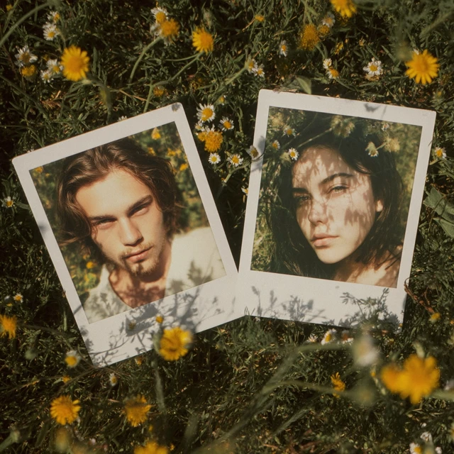 Couple Portraits on Polaroids in Flower Field