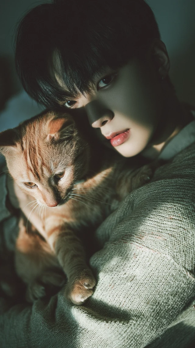 Korean Idol and Kitten: Adorable Photo with Cinematic Lighting