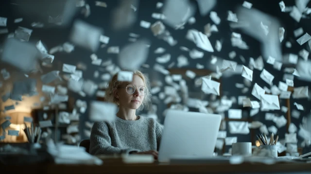 Woman at Desk Surrounded by Mail Icons