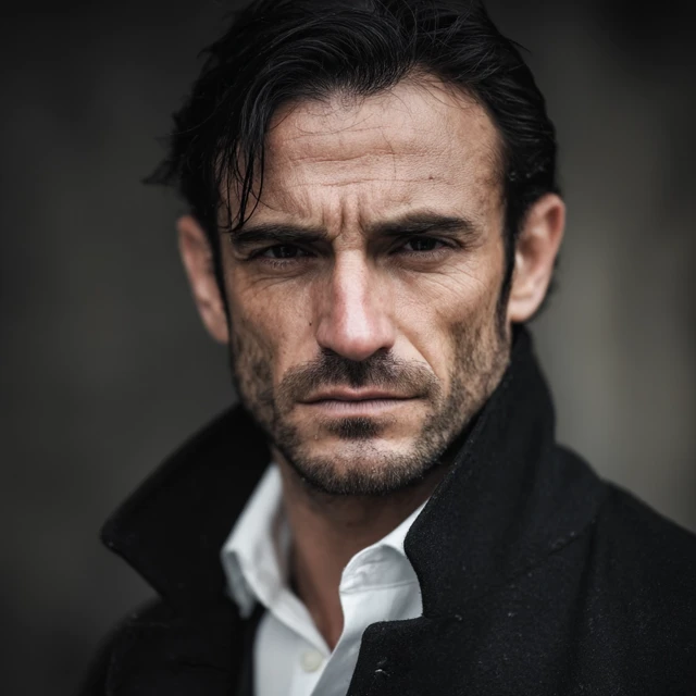 Brutal Man Portrait Dark Hair Stubble Coat