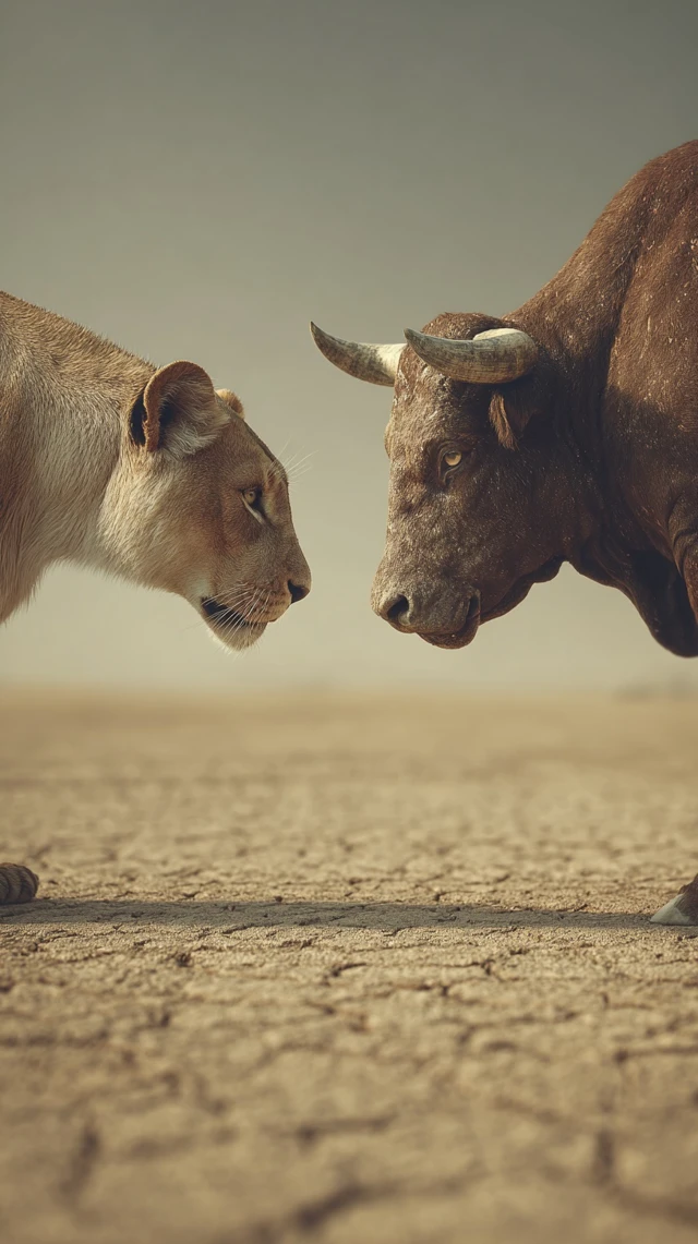 Lion and Bull Face Off in Desert Landscape