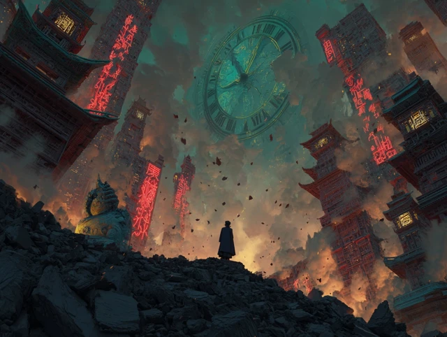 Post-Apocalyptic Cityscape with Clock Countdown