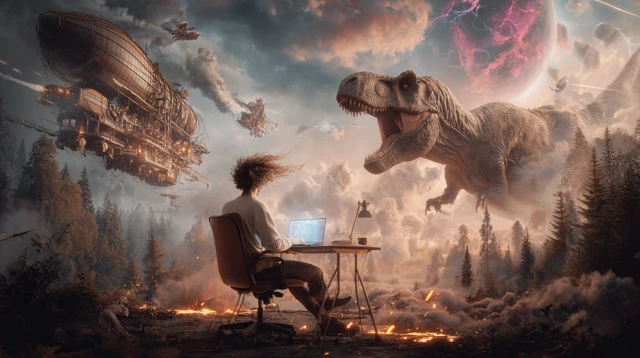 Surreal Fantasy Scene: Airship, Dinosaur, and Time Rift