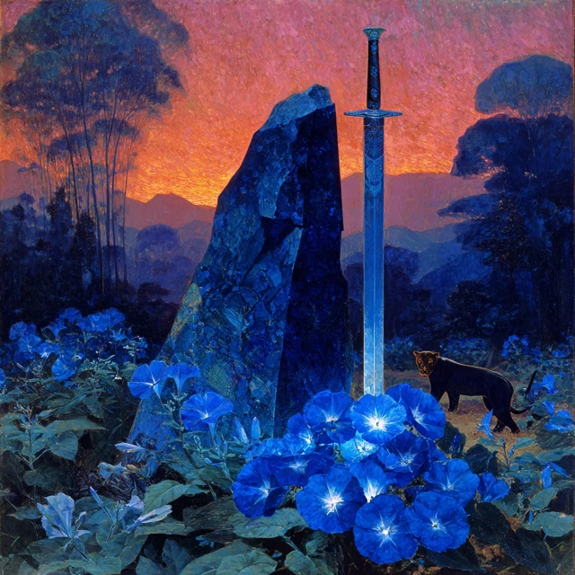 Sapphire Gemstone Sword Panther Blue Flowers