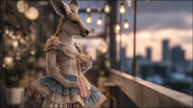 Anthropomorphic Kangaroo Woman Rooftop Bar Sunset